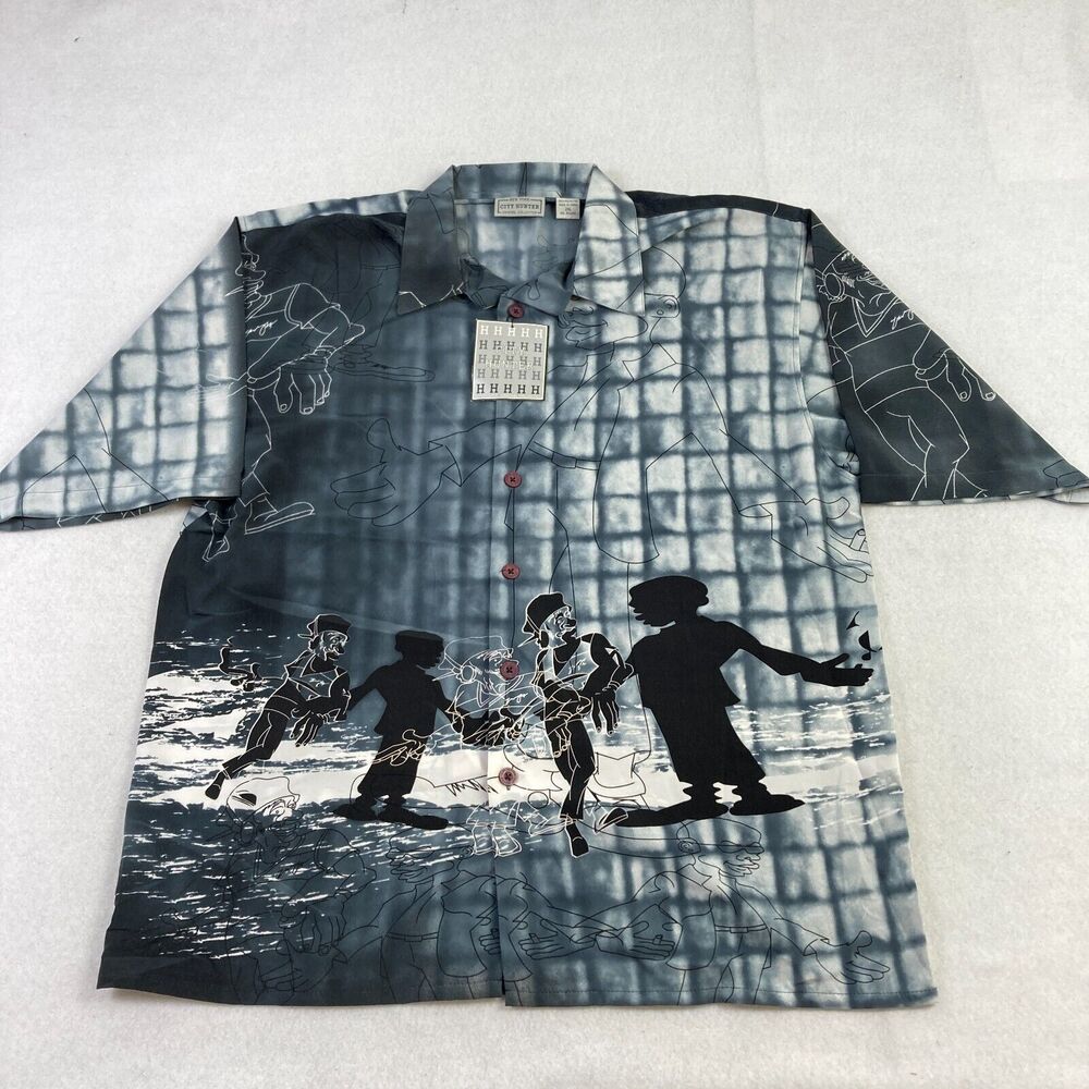Vintage New York City Hunters Button Up Shirt Mens 2XL Gray All Over Print Y2K‎
